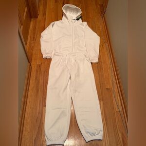 Women's L Pinspark White Sweatsuit Hoodie and Sweat Pants Jogger Suit NWT